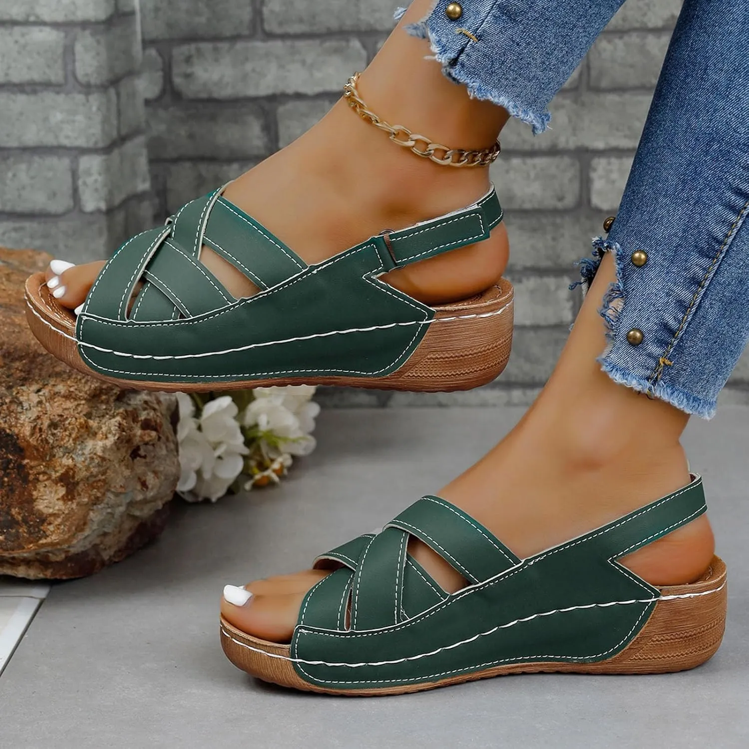 Womens Wedge Sandals Leather Dressy Casual Slip On Summer Sandals Open Toe Slingback Adjustable Hook and Loop Fastener Fashion Beach Walking Shoes