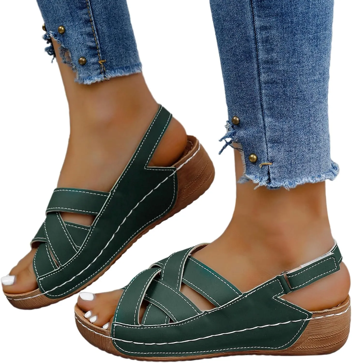 Womens Wedge Sandals Leather Dressy Casual Slip On Summer Sandals Open Toe Slingback Adjustable Hook and Loop Fastener Fashion Beach Walking Shoes
