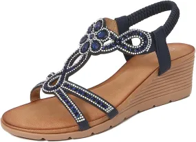 Women's Wedge Sandals Summer Comfortable Casual Bohemian Beach Rhinestone Platform Shoes Bohemia Open Toe Roman Heel Dressy Low Sparkly Fashion Dress Lady Bridal Dance T-Strap Beaded Flat Sandal