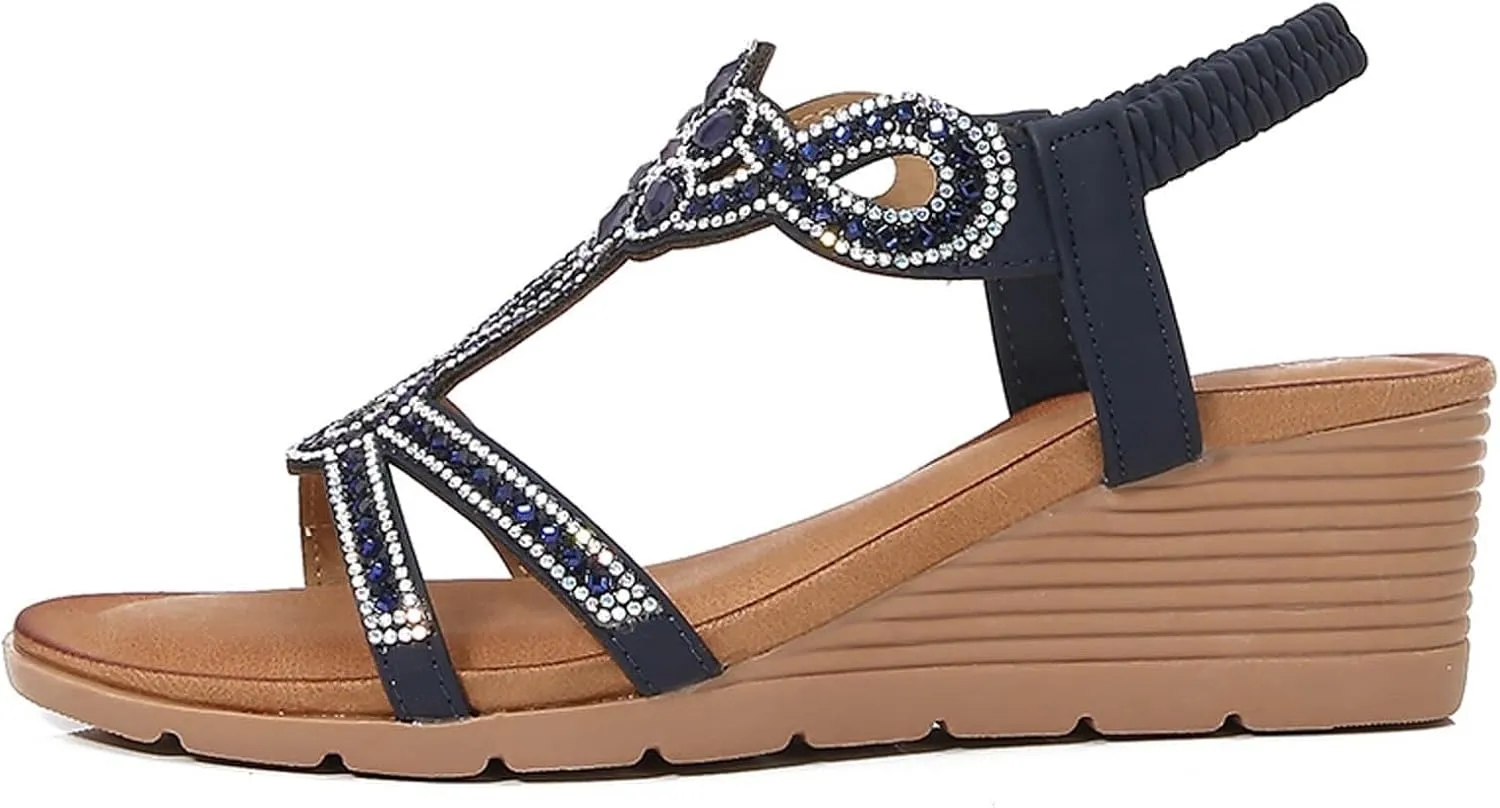 Women's Wedge Sandals Summer Comfortable Casual Bohemian Beach Rhinestone Platform Shoes Bohemia Open Toe Roman Heel Dressy Low Sparkly Fashion Dress Lady Bridal Dance T-Strap Beaded Flat Sandal
