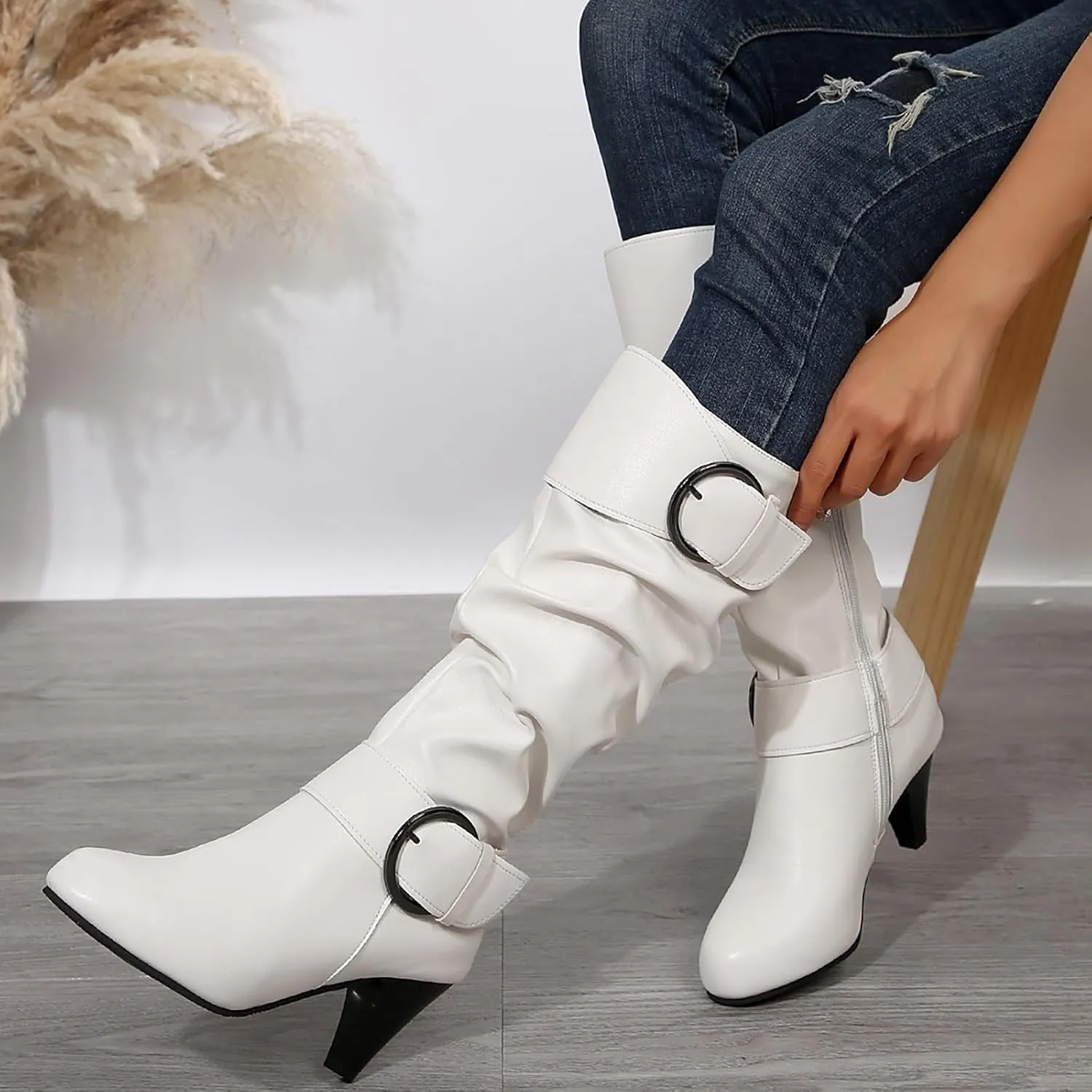 Women's Wide Calf Boots Chunky Heel Knee High Boots Pull On Winter Boots Side Zipper Slouch Boots Tall Boots