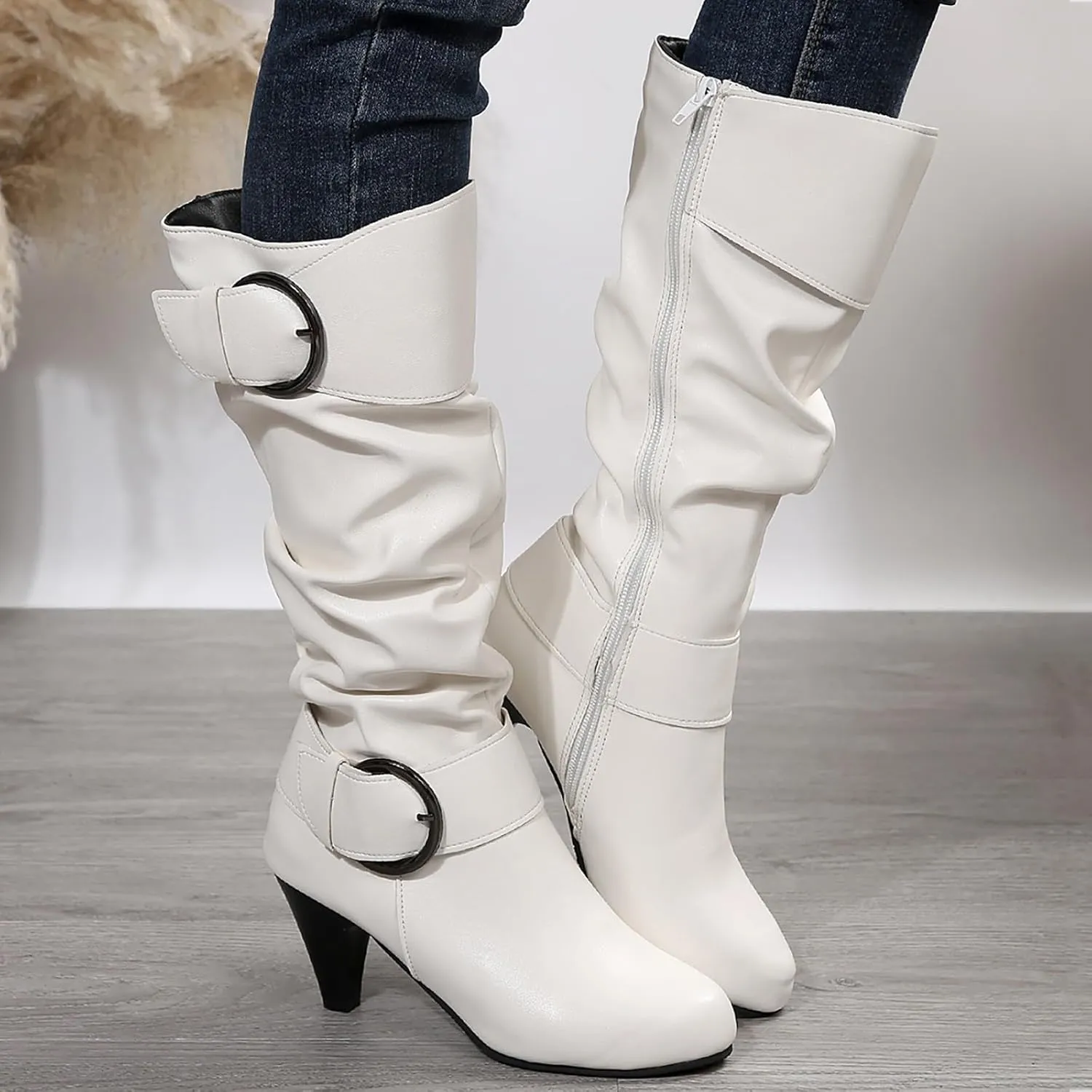 Women's Wide Calf Boots Chunky Heel Knee High Boots Pull On Winter Boots Side Zipper Slouch Boots Tall Boots