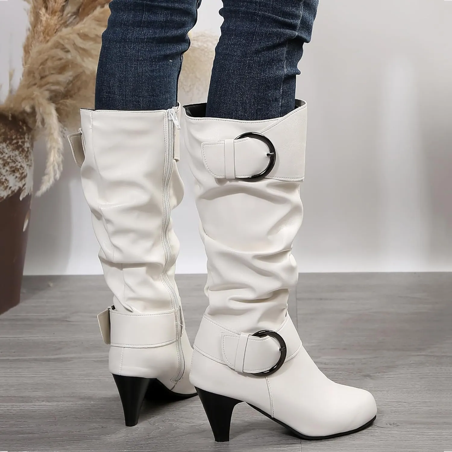 Women's Wide Calf Boots Chunky Heel Knee High Boots Pull On Winter Boots Side Zipper Slouch Boots Tall Boots