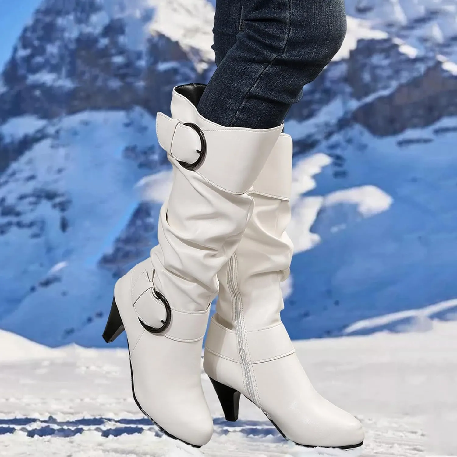 Women's Wide Calf Boots Chunky Heel Knee High Boots Pull On Winter Boots Side Zipper Slouch Boots Tall Boots