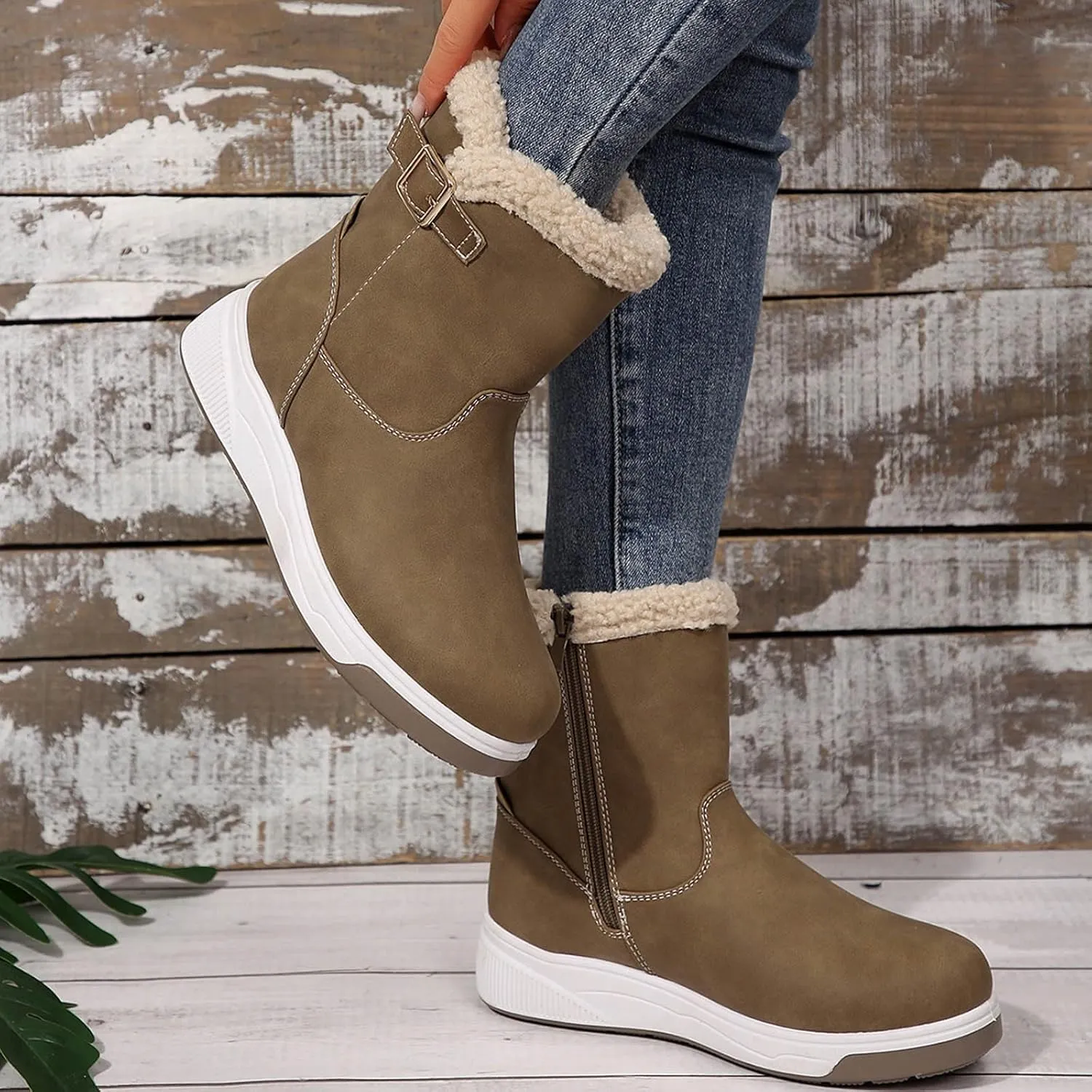 Womens Winter Snow BootsWalking Warm Faux Fur Lined Mid-Calf Hiking Booties Waterproof